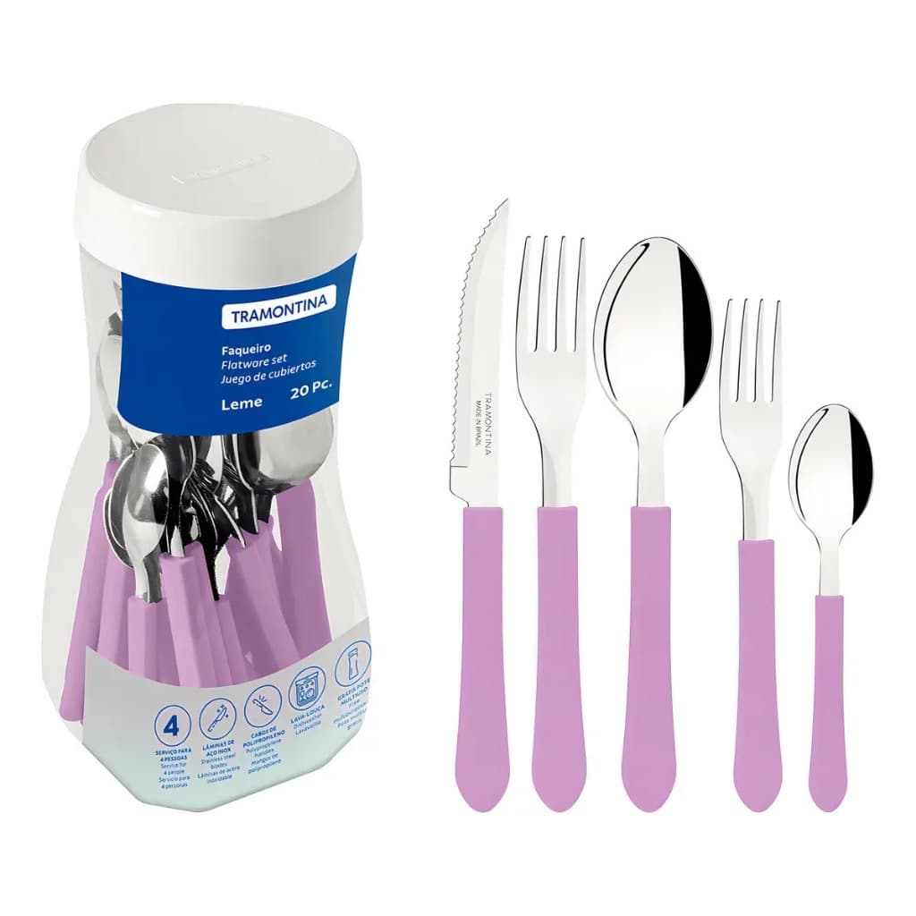 FAQUEIRO JOGO DE TALHER INOX 20PC LEME LAVANDA LILÁS ROXO TRAMONTINA