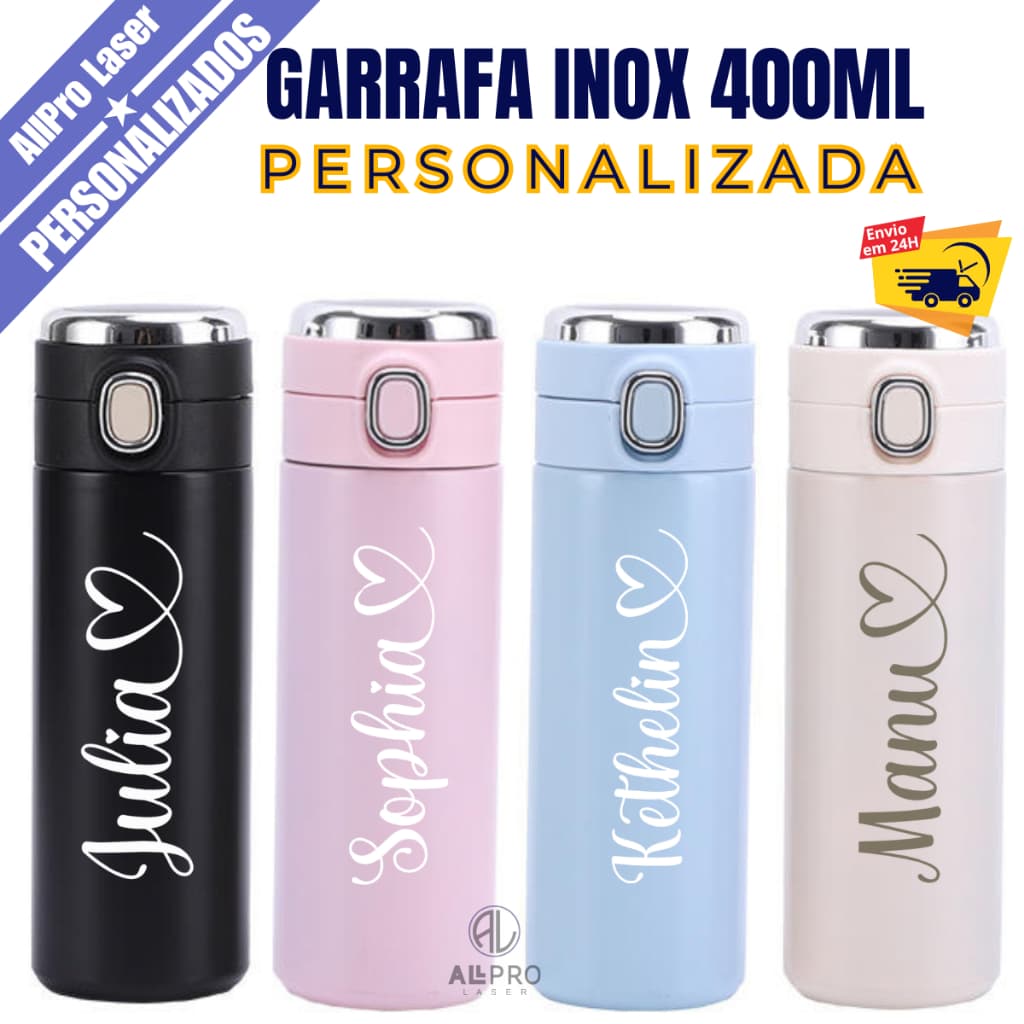 Garrafa Térmica C/ medidor de temperatura 400ml Personalizada a Nome Laser
