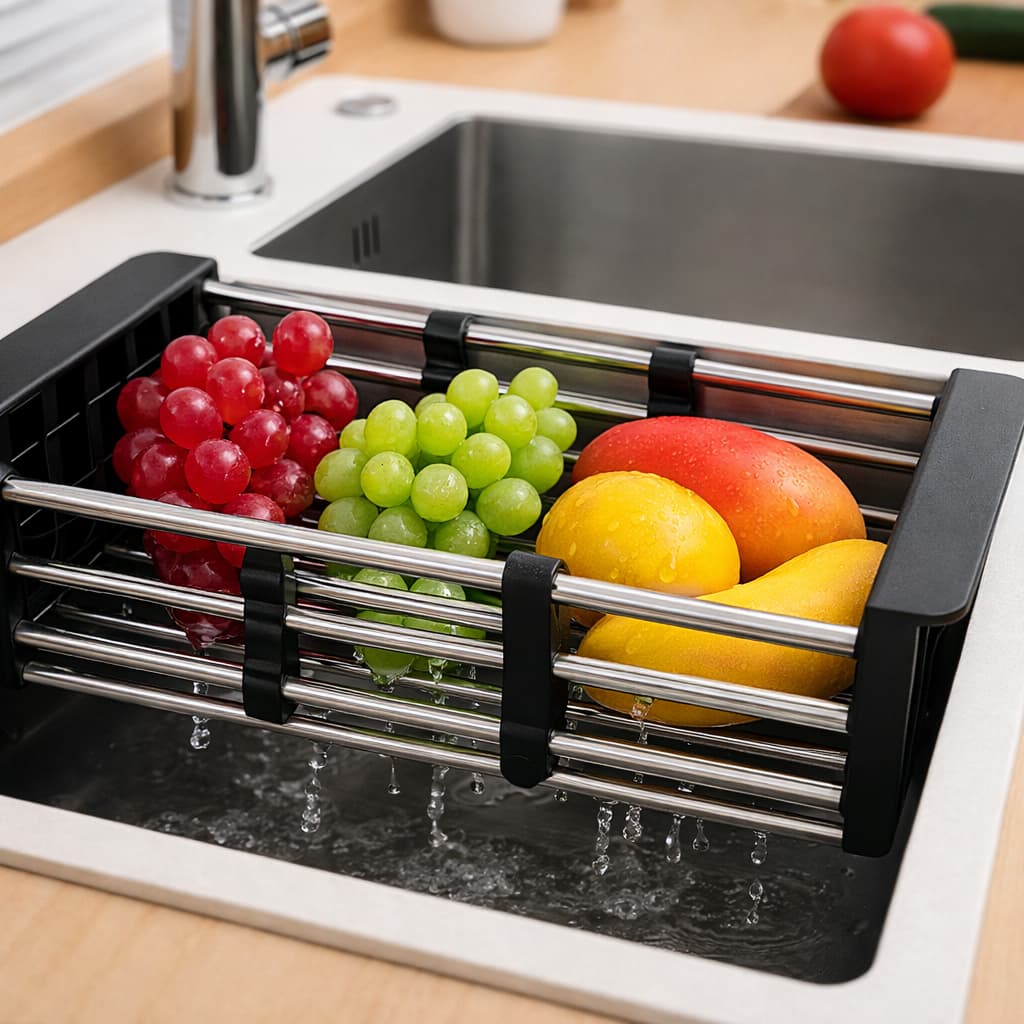 Escorredor de Pia Ajustável Multiuso 47cm | Organizador de Frutas e Alimentos | Preto ou Cinza