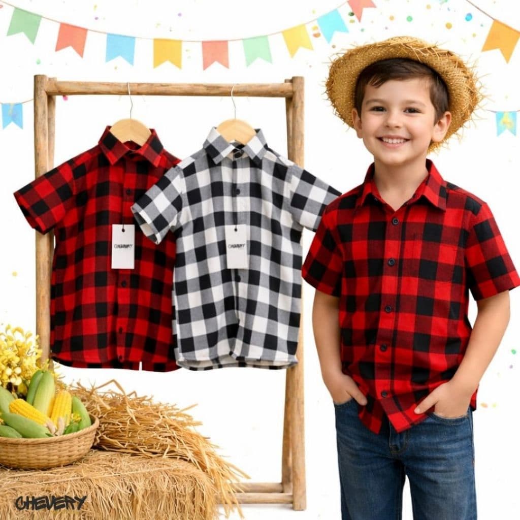 Camisa Xadrez Social Infatil Menino Manga Curta De Botão Com Gola