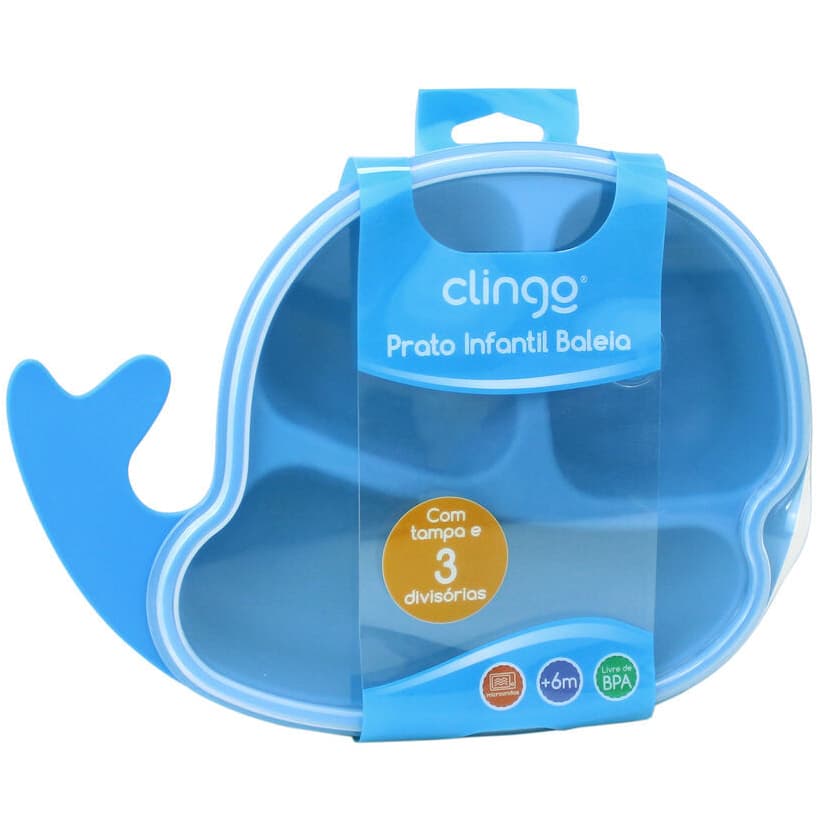 Prato Infantil com Divisórias e Tampa Clingo Baleia | BPA Free, Micro-ondas e Lava-louças