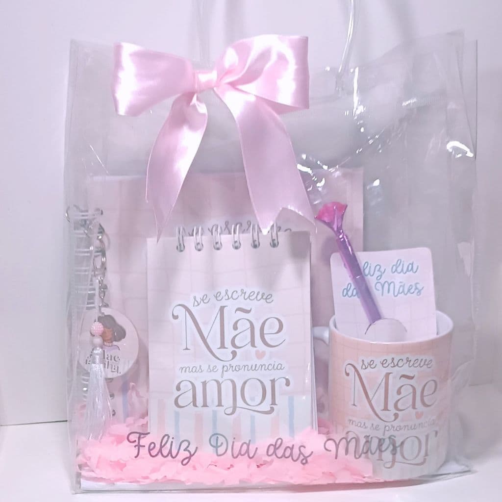 kit papelaria presente tema: dia das mães com sacola PVC transparente
