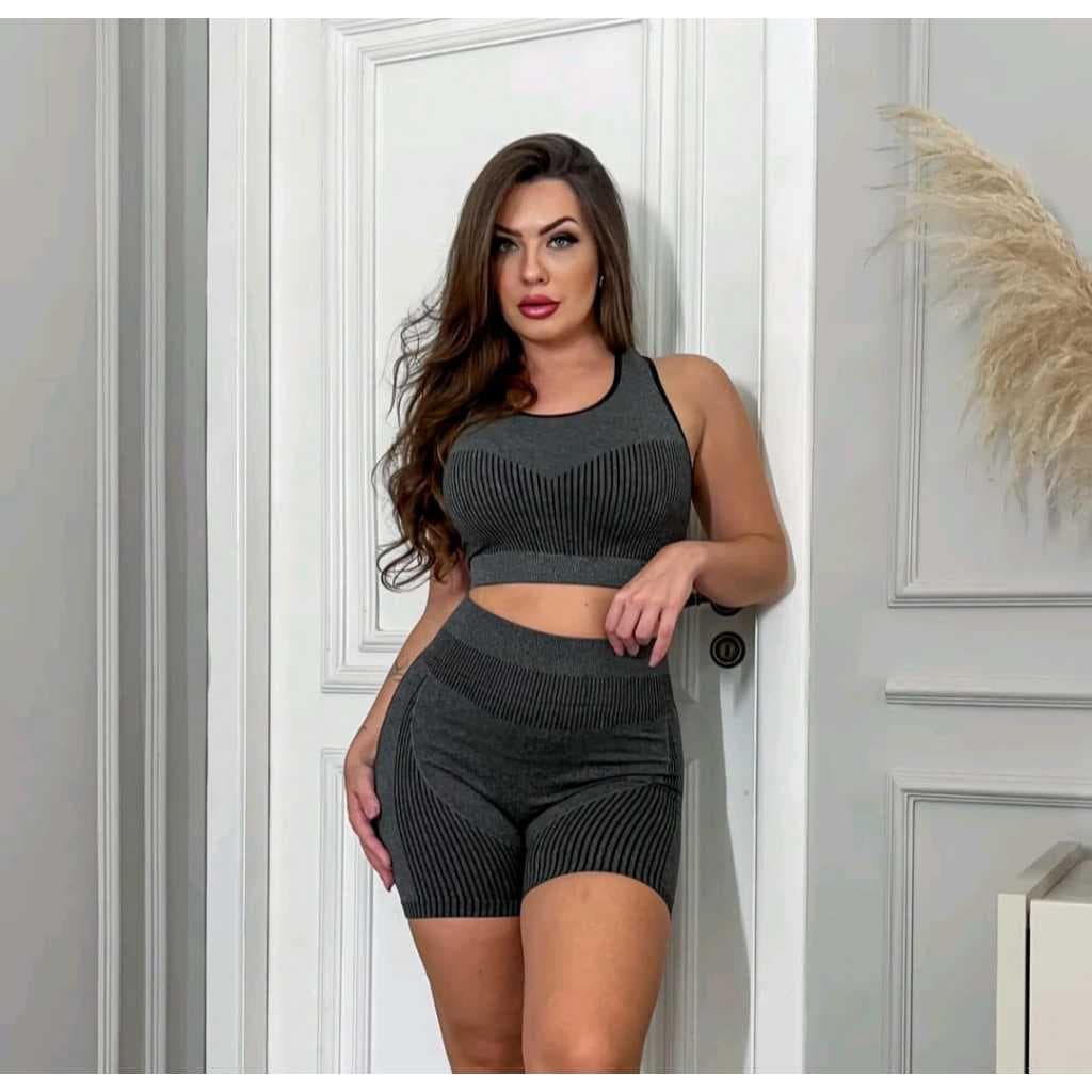 Conjunto Academia Fitness Feminino Leggings 1 Top 1 Shorts Levanta Bumbum Sem Costura E Bojo
