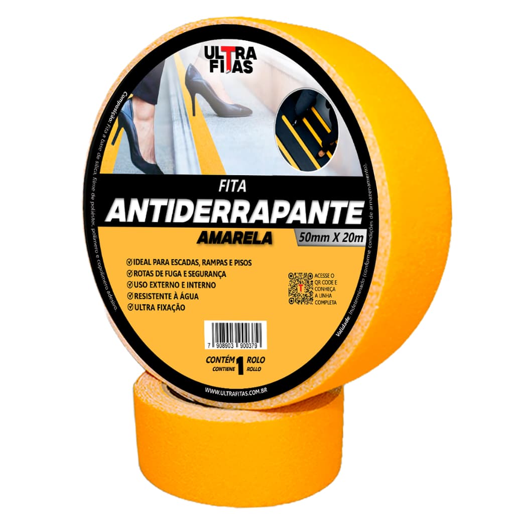 Fita Antiderrapante 50 mm X 20 Metros - Amarela Adesiva Escadas Lixa Faixa Rampa Anti Quedas