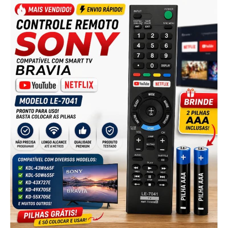 Controle Remoto de Reposição Compatível com TVs Sony Bravia – Modelo LE-7041