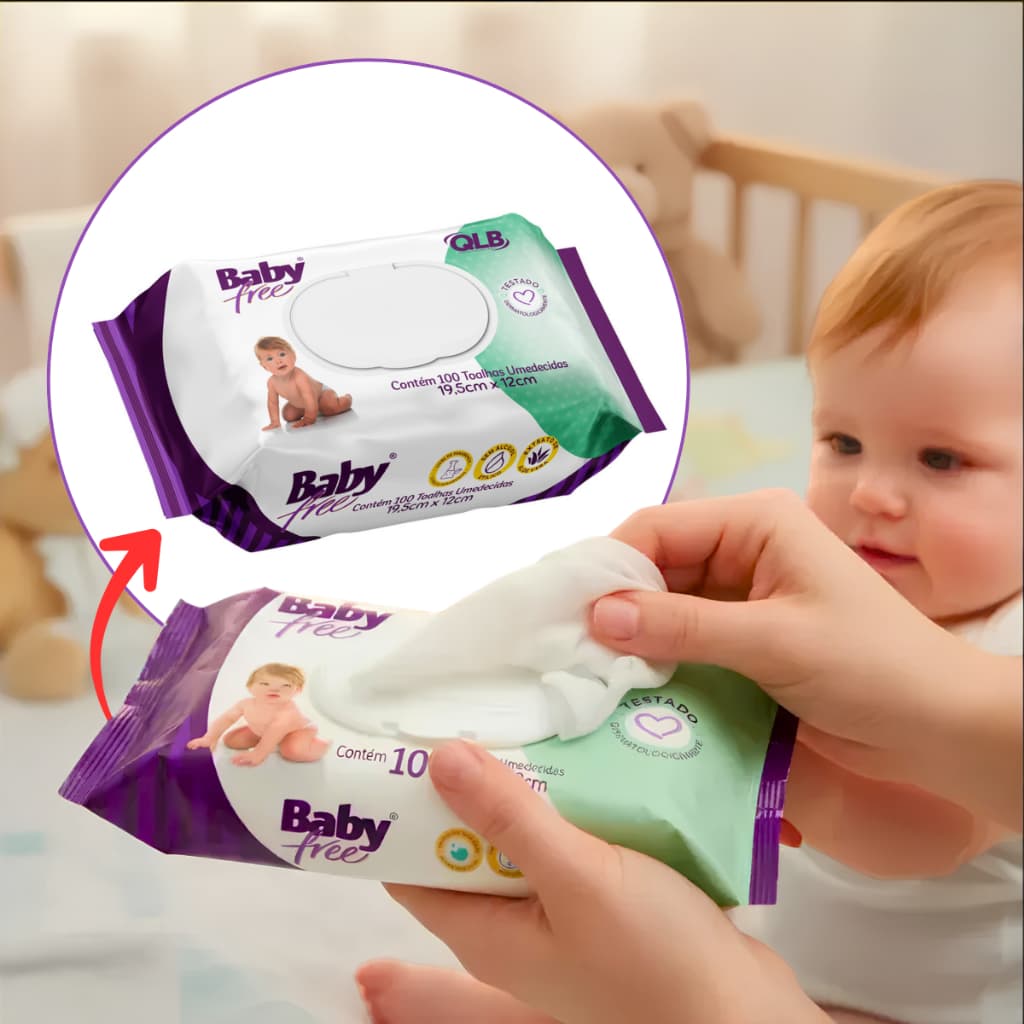 Lenço Umedecido BabyFree Com 100 Und Tampa Flip Para Bebê Sem Álcool Etílico E Aloe Vera Suave