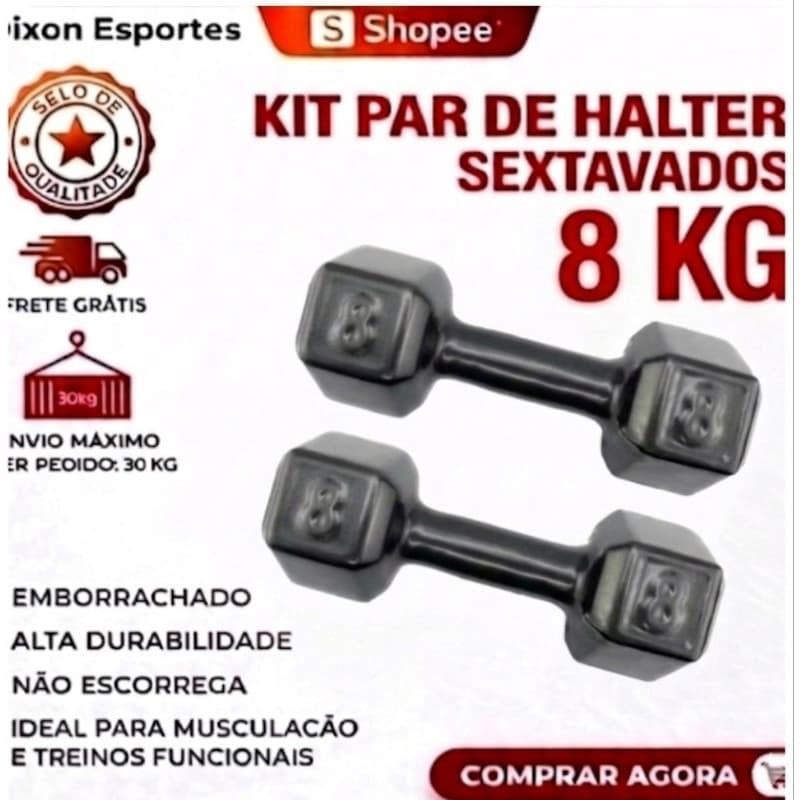 Par Halter 8kg Sextavado Emborrachado(2×8kg) Academia Musculação Envio Imediato