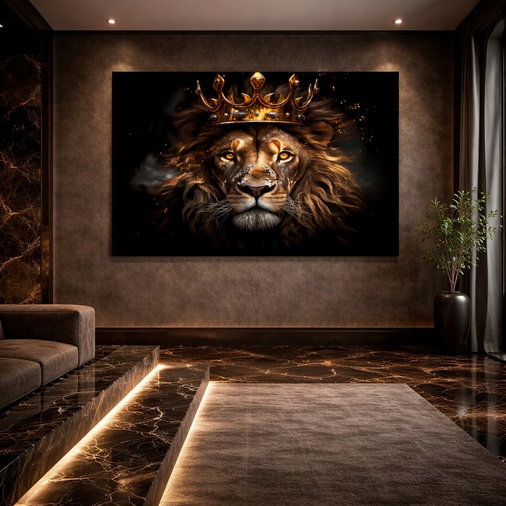 Quadro Decorativo Leão Rei Majestoso Negro Místico Arte Moderna Horizontal MDF 110x70 Luxuoso