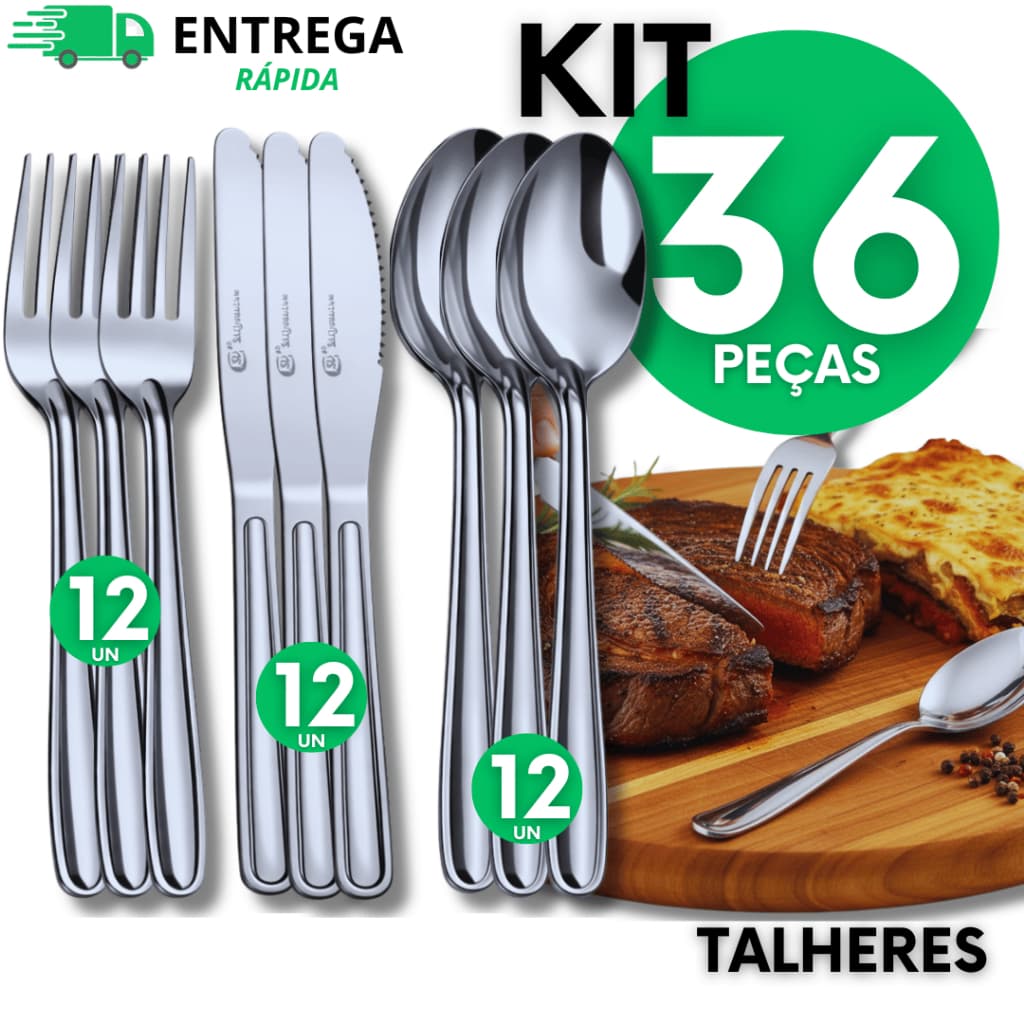 KIT Talhares 36 Peças Inox 12 Facas c/ Serra 12 Garfos 12 Colheres de Sopa Mesa Jogo de Talher