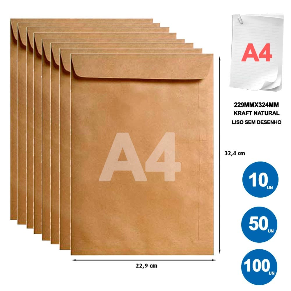 Envelope A4 Pardo 229 x 324 mm Kraft 22 x 32 cm 10, 50 e 100 Unidades