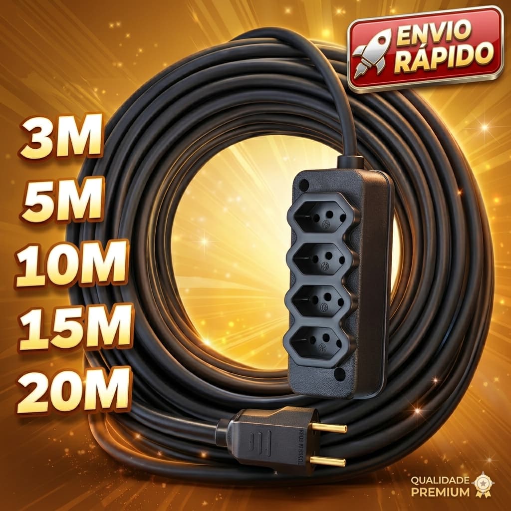 Extensão Elétrica 5/10/15/20 Metros Cabo PP 2x2,5 Inmetro 10A e 20A Bivolt | 4 Tomadas