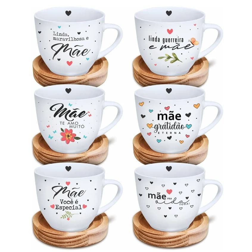 Conjunto de 6 Xícaras 170 ML com Pires de Madeira Dia Das Mães Decoração Kit Mesa Chá Café Charmoso