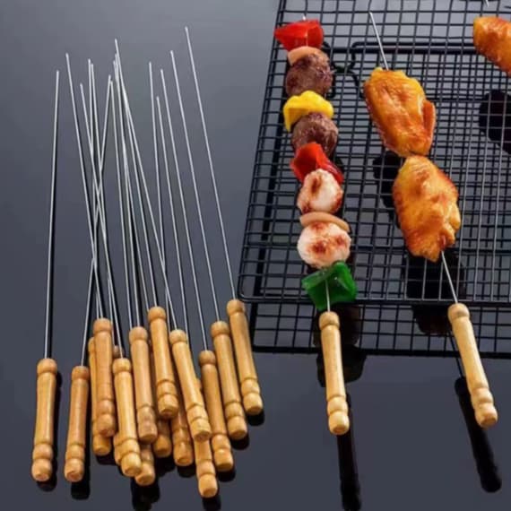 Mini Espetos Para Churrasco Inox Cabo de Madeira Reutilizável Petiscos Aperitivos Cozinha
