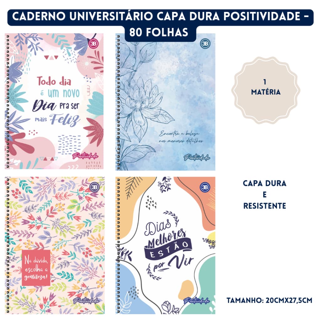 Caderno Espiral Universitário 80 Folhas 1 Matéria Capa Dura Positividade - 3B Cadernos