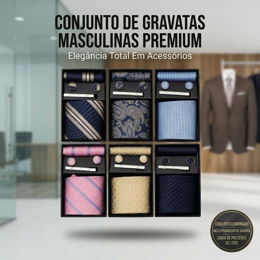 Kit Gravata Slim 4 Peças Premium | Gravata + Abotoadura + Prendedor + Lenço | Luxo Executivo