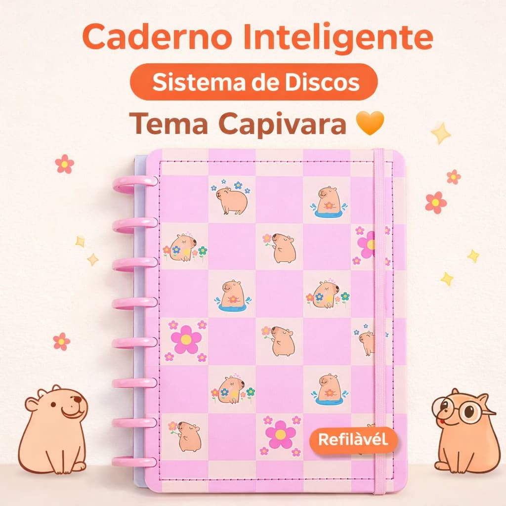Caderno de Discos Capivara Sistema Folhas Reposicionáveis Tamanho Médio Escolar Fofo