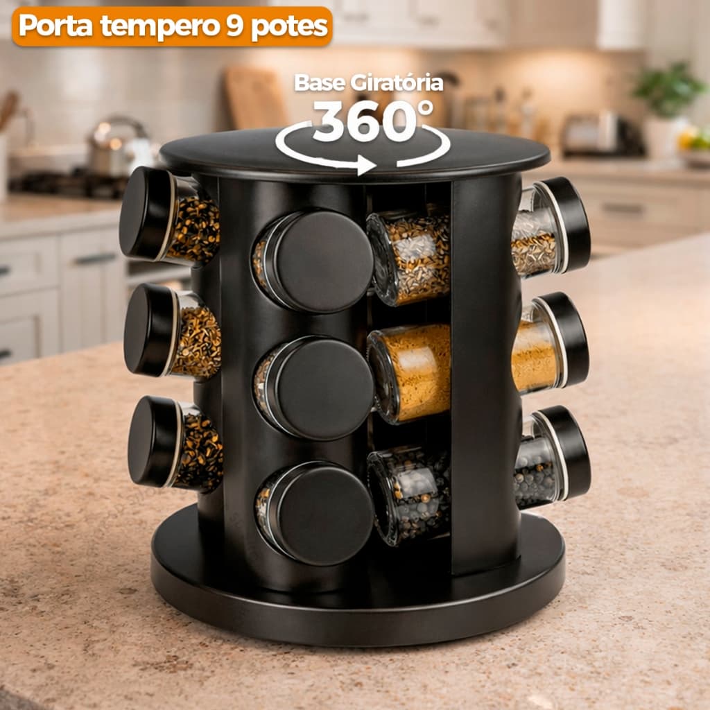 Porta Condimento Tempero Giratório 9 Potes de Vidro Tampa Dosadora Suporte Cozinha Organizador