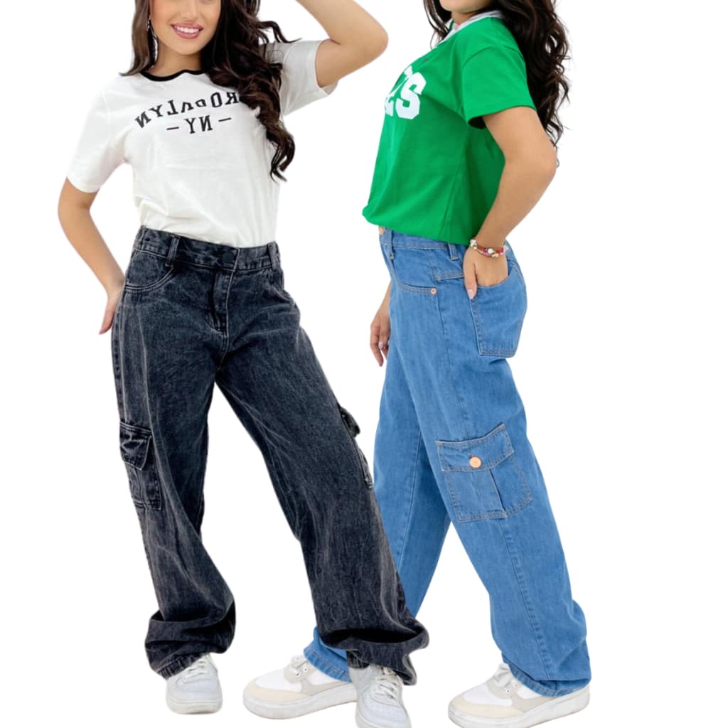 Kit 2 Calças Jeans Cargo Wide Leg Infantil Juvenil Feminina Jeans Premium Preto Marmorizado e Azul calça marmorizada