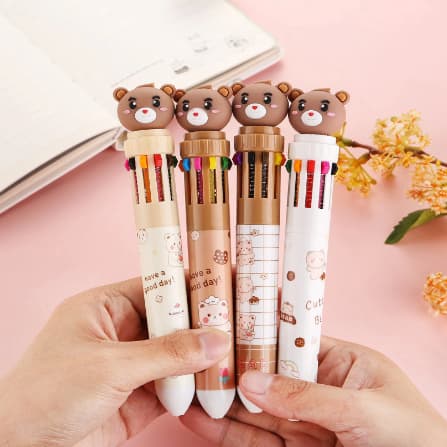 Kit Canetas Fofas "Urso 10 cores em 1" Ponta Fina Colorida. Papelaria.