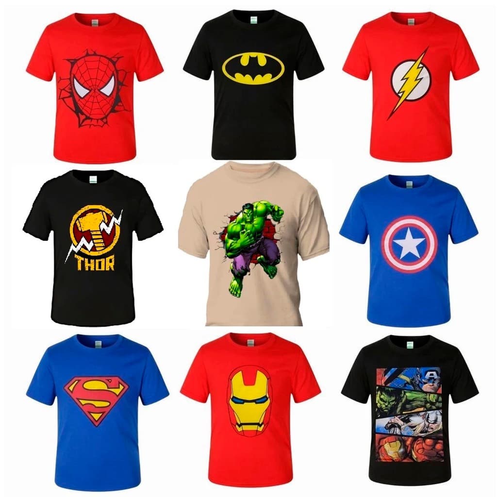 Camiseta Fantasia Infantil Super Herois Personagens Menino Vingadores Hulk Homem Aranha Batman Flash Camisa 100% Algodão