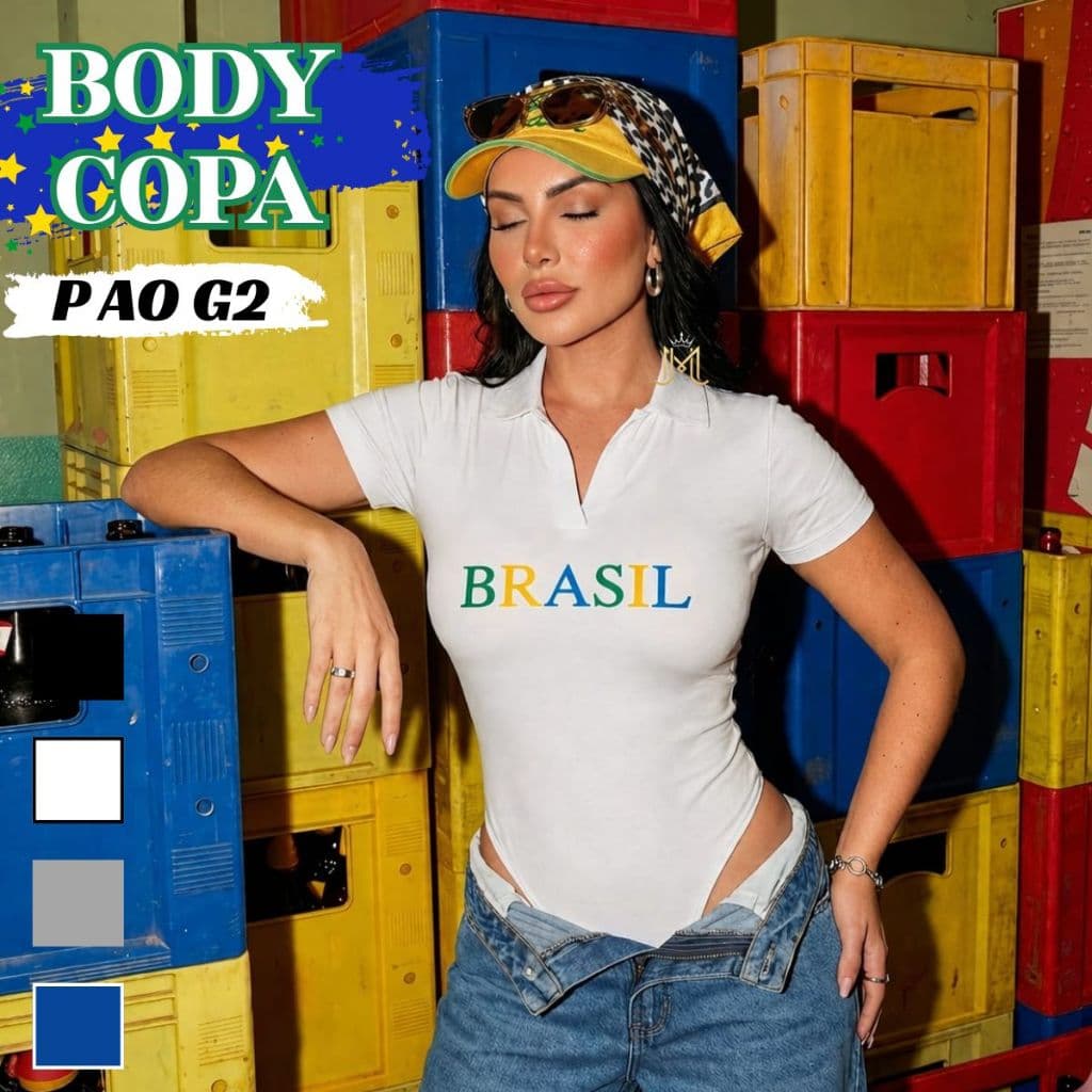 Body Polo Feminino Brasil Feminino Copa Manga Curta  Suplex Premium Duplo Decote P ao G2