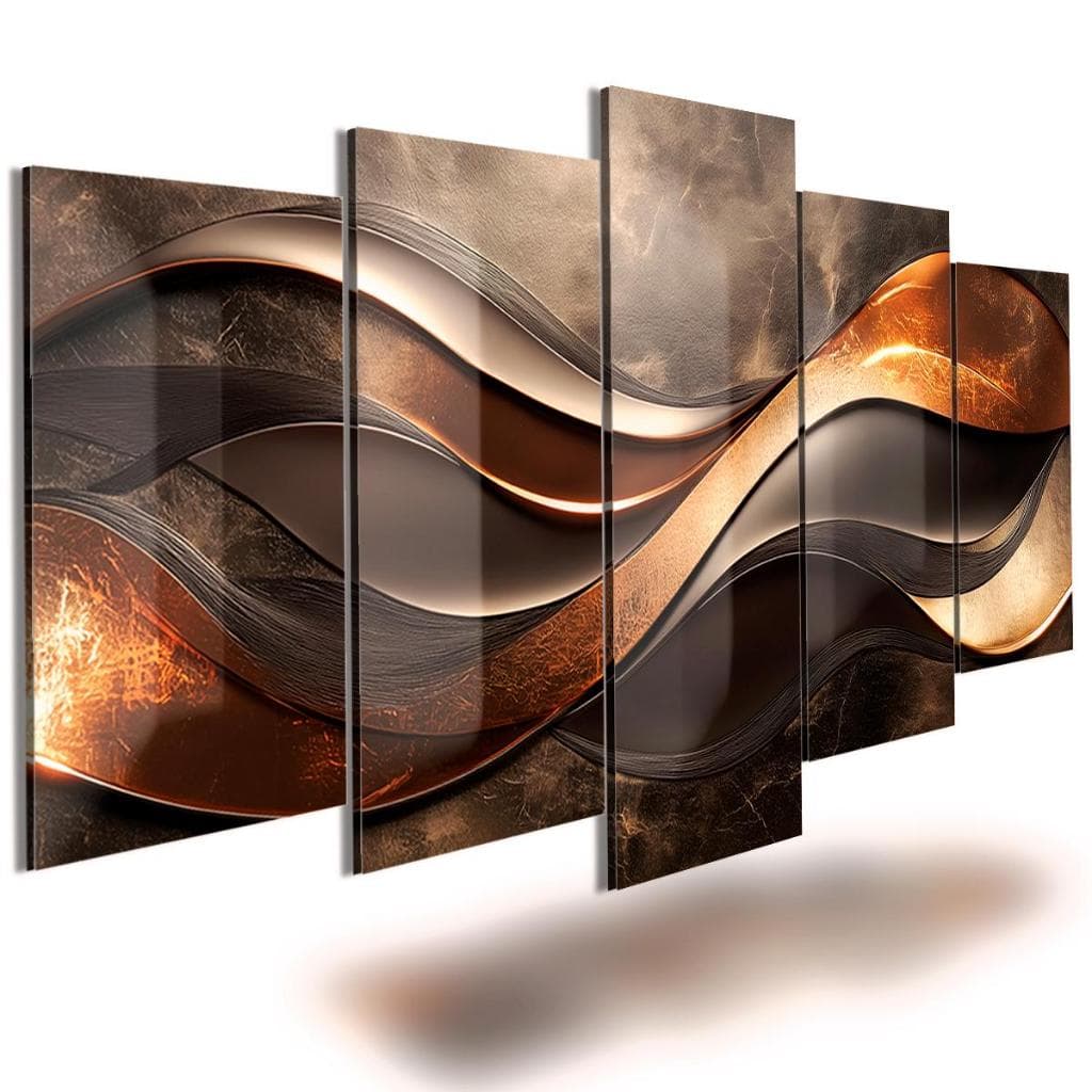Quadro Mosaico 5 Peças Ondas de Bronze e Ouro Abstrato Luxo