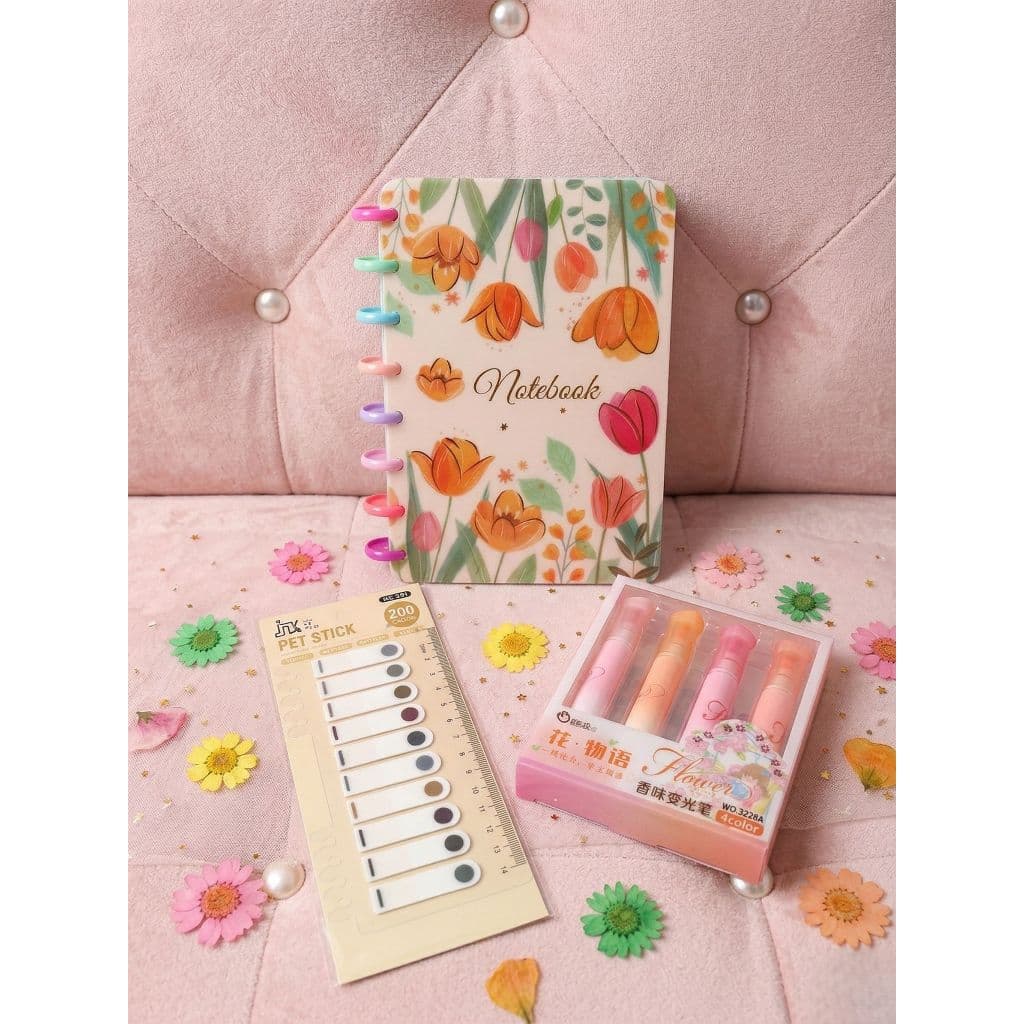 Kit Papelaria Kawaii Fofo - Caderno Floral com Marca Texto e Marcadores de Páginas 200