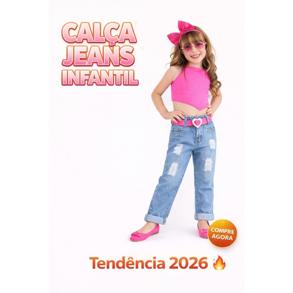 Calça Jeans Infantil Menina Wide Leg Destroyed ou Lisa com Cinto Moda Blogueirinha Tendência 2026
