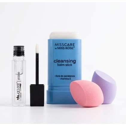 Kit Limpeza e Beleza: Cleansing Balm Miss Rôse + Gloss Volumoso Incolor  Max Love + Esponja de Maquiagem