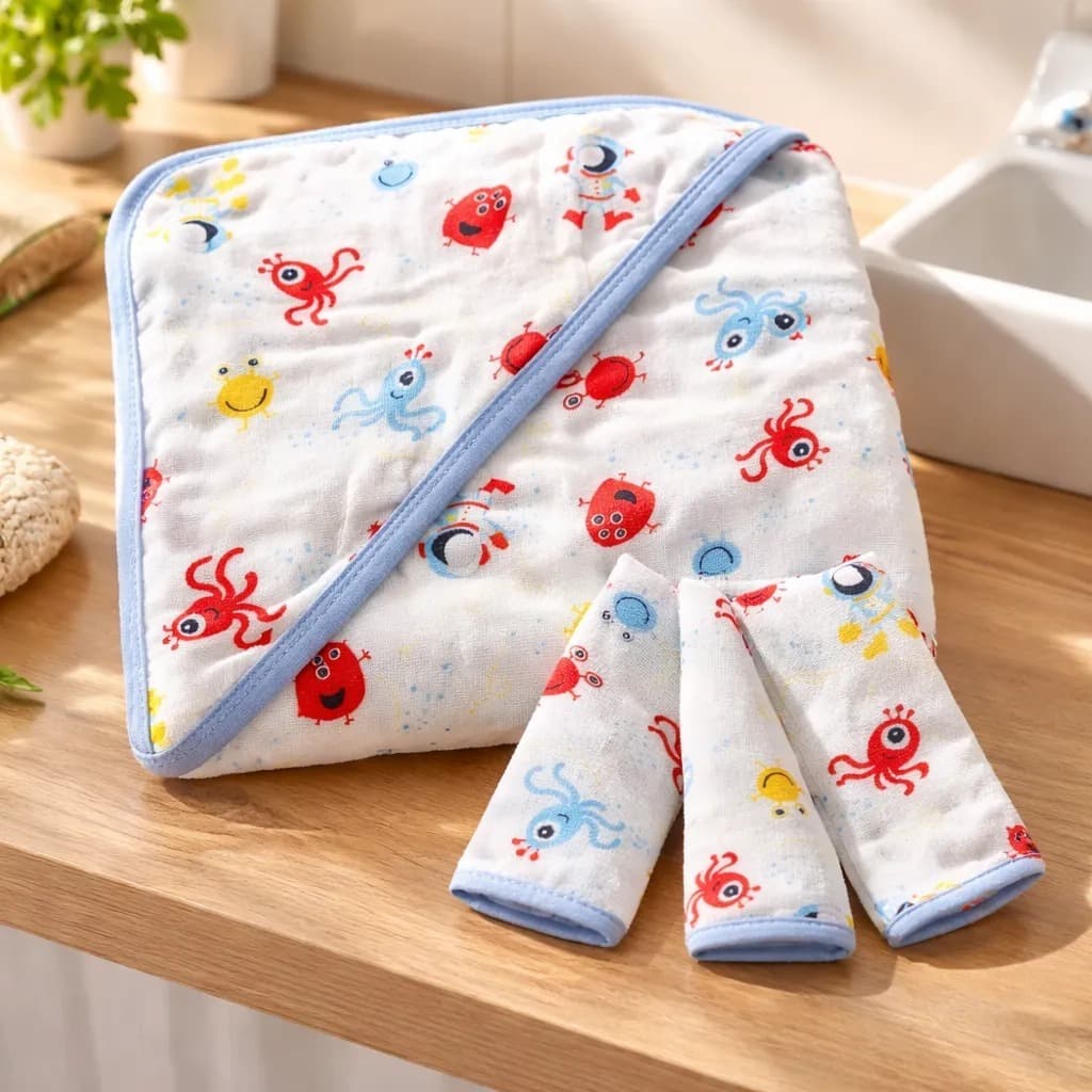kit 1 Toalha Banho Bebe Soft de Fralda  + 3 Pano Boca bordado ou estampado 100% algodão