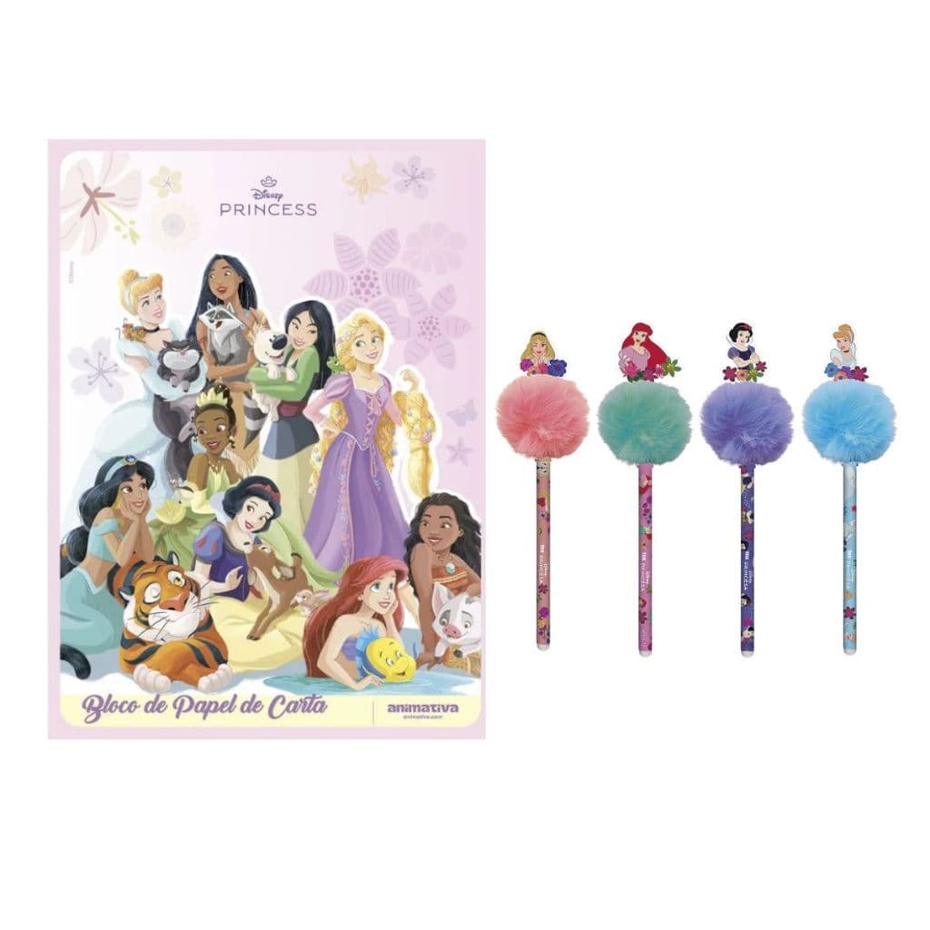 Kit Caneta Com Bloco De Papel Carta Princesas Disney