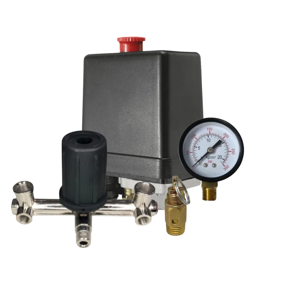Kit Regulador Cruzeta Pressostato Manômetro e Válvula de Segurança Para Compressor e Motocompressor