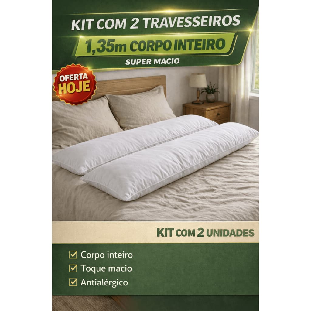 Kit 2 Travesseiros de Corpo Body Pillow 135x40cm | Super Macio + Corpo Inteiro Apoiado