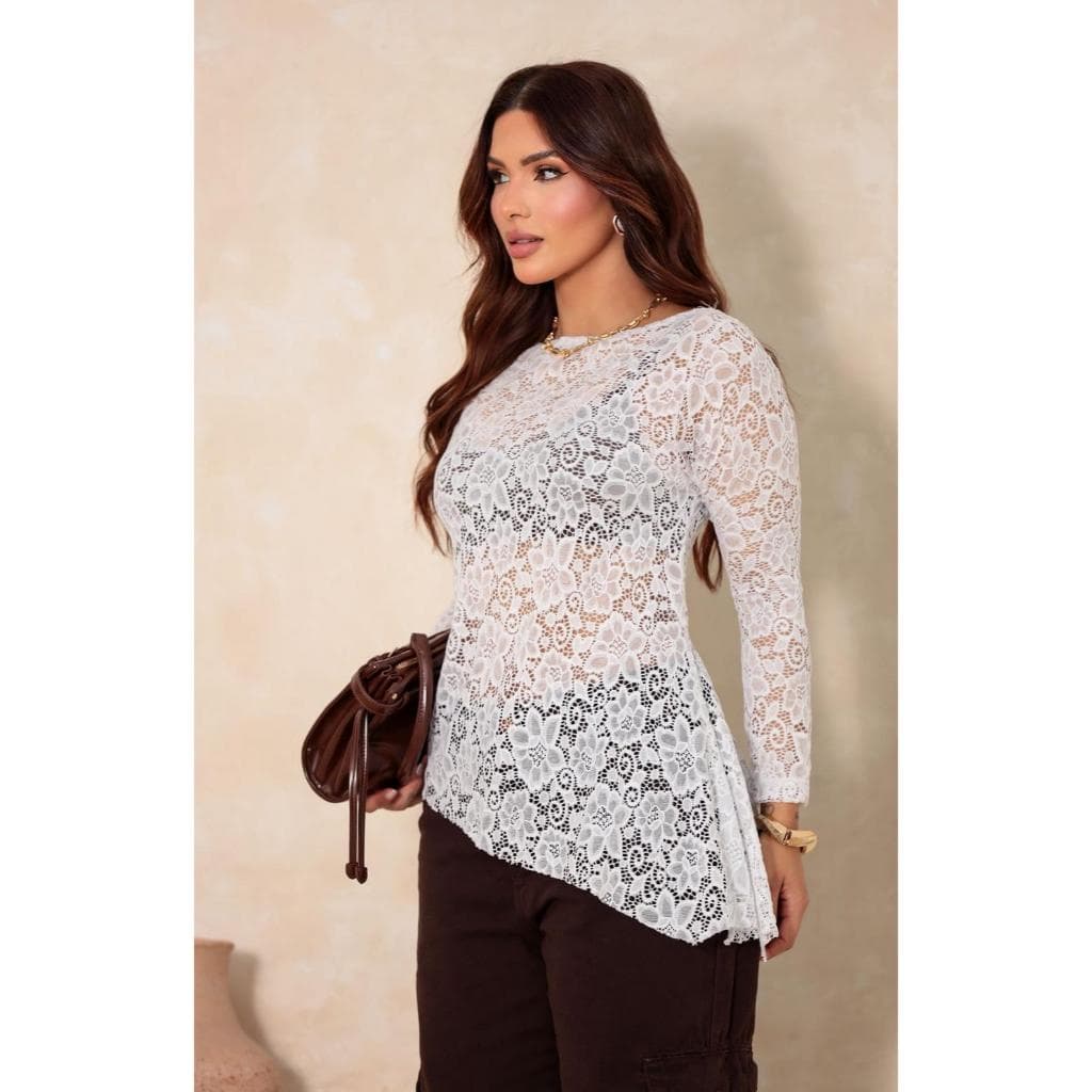 Blusa Renda Floral Barra Assimétrica Ata Tendência Inverno