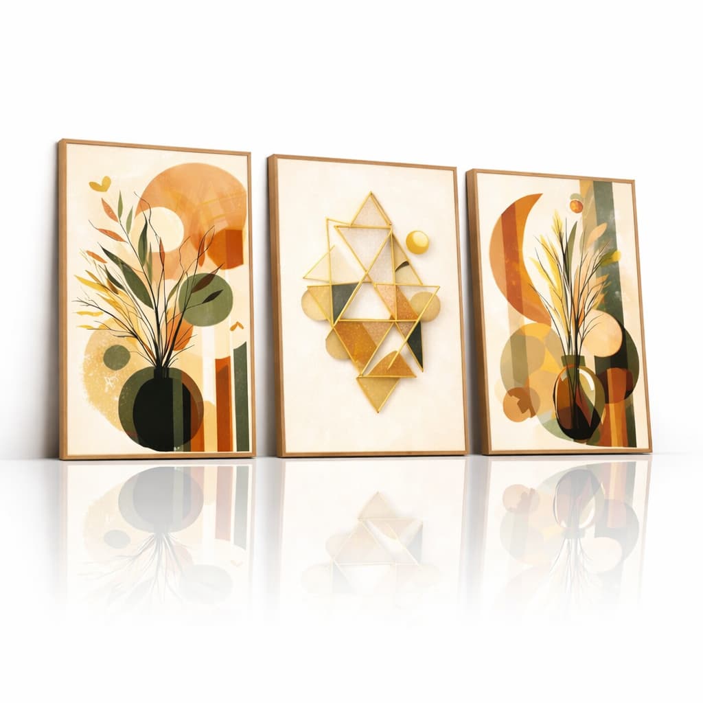 Trio de Quadros Decorativos Sala Quarto Boho Natureza Abstrata Tons Terrosos Moderno Minimalista Kit Mosaico Decorativo