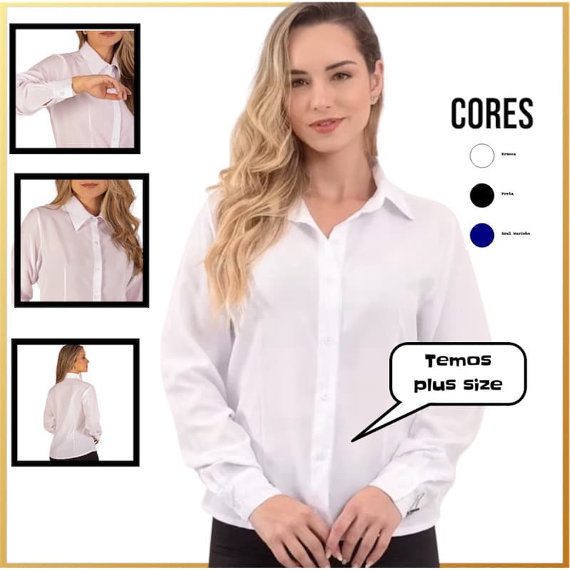 Camisete branca camisa social feminina manga longa gabardine.