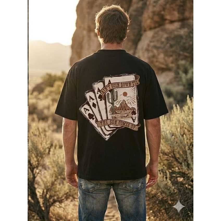 Camiseta Masculina Country Texas Western Estampa Cartas Poker Algodão Estampa nas Costas