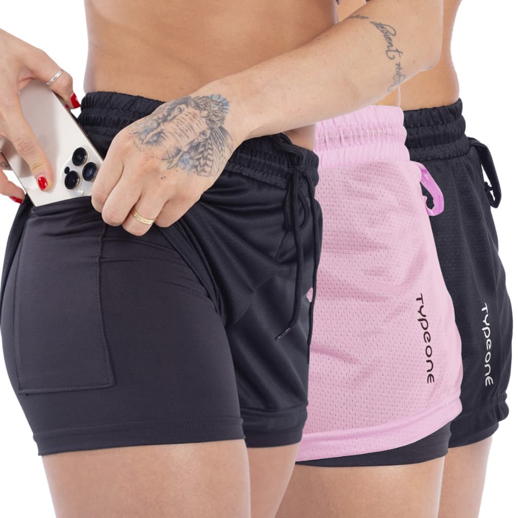Kit 3 Shorts 2 em 1 Feminino Duplo Academia Bolso Oculto Para Celular bermuda Curto Antiodor Treino