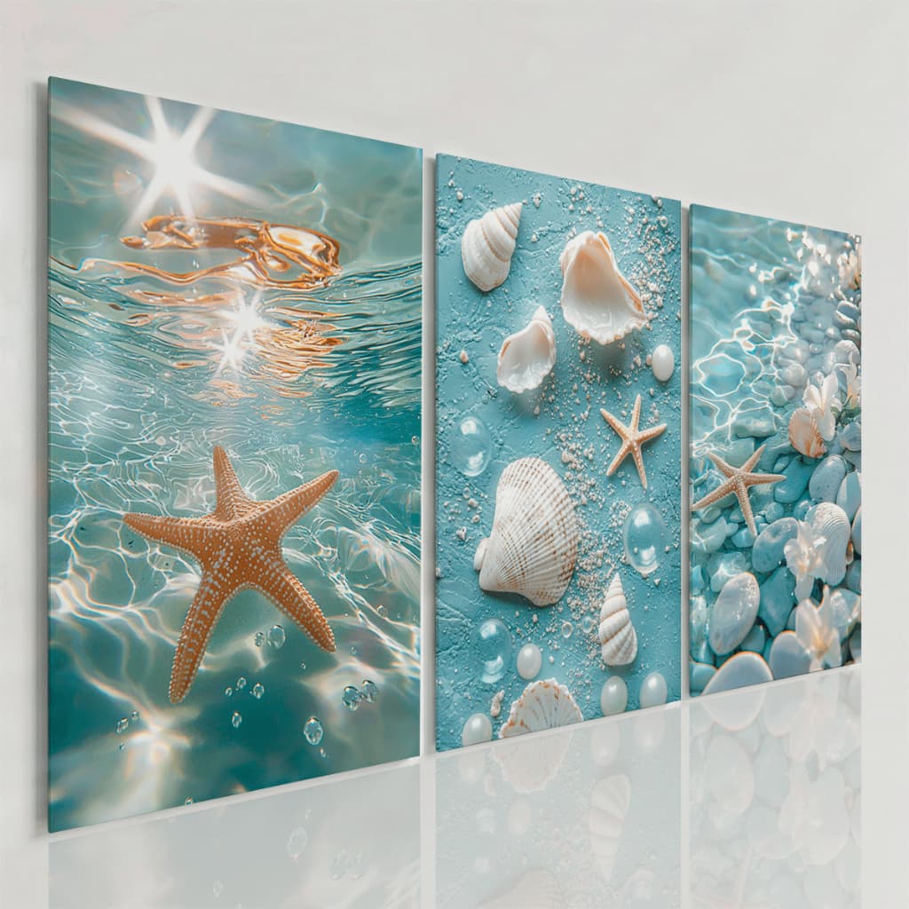 Quadros Decorativos Praia Estrela do Mar Conchas Azul Oceano Kit 3 Peças Sala Relaxante Luxo