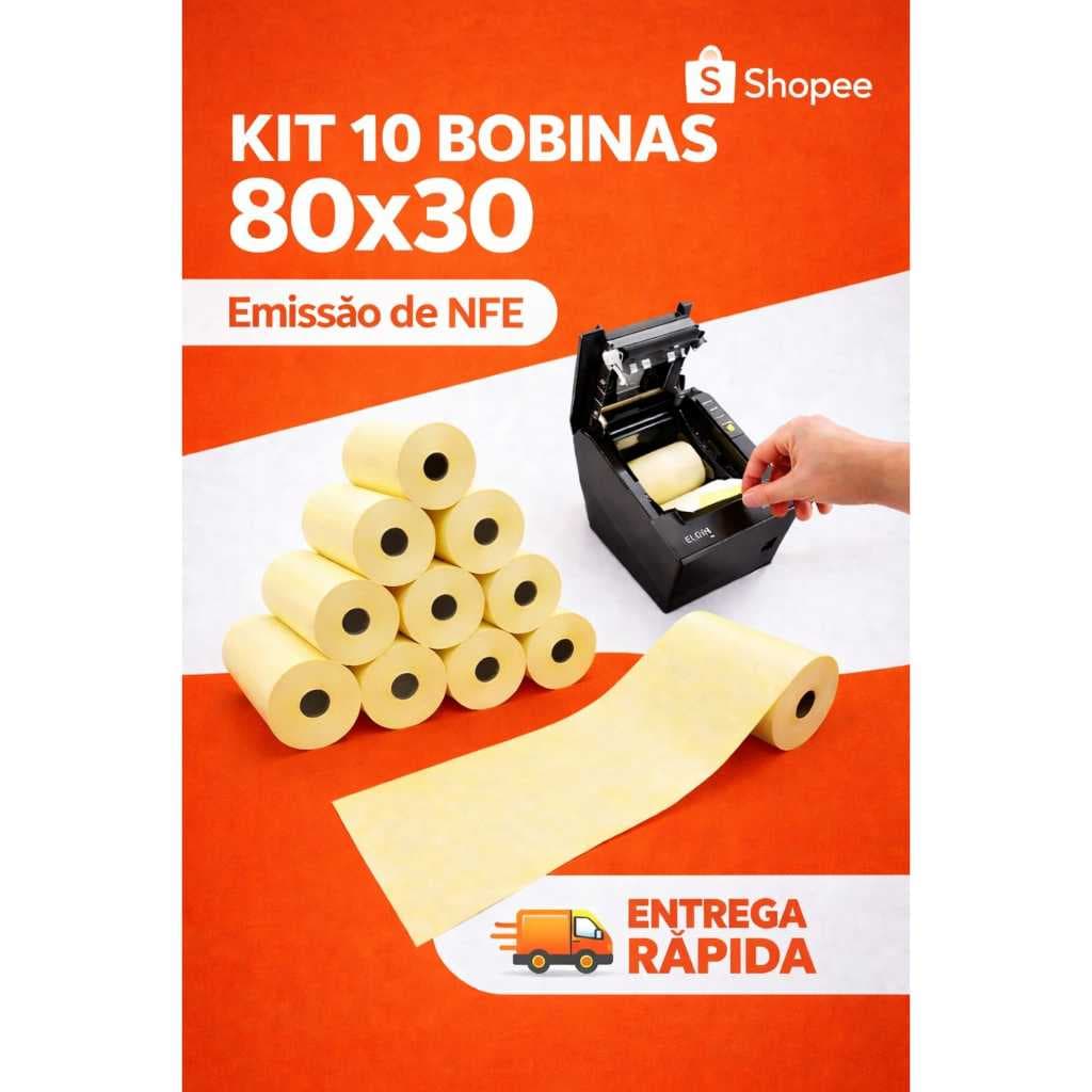 Kit 10 Bobinas Termicas 80x30 Nfe Pdv Cupom Fiscal Amarela
