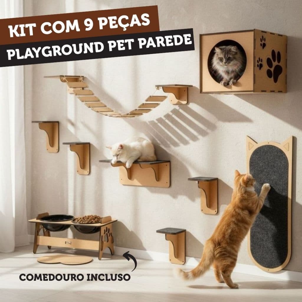 Playground De Parede Para Gato Kit 9 Peças Móvel MDF Com Arranhador Nicho Degraus E Comedouro Duplo