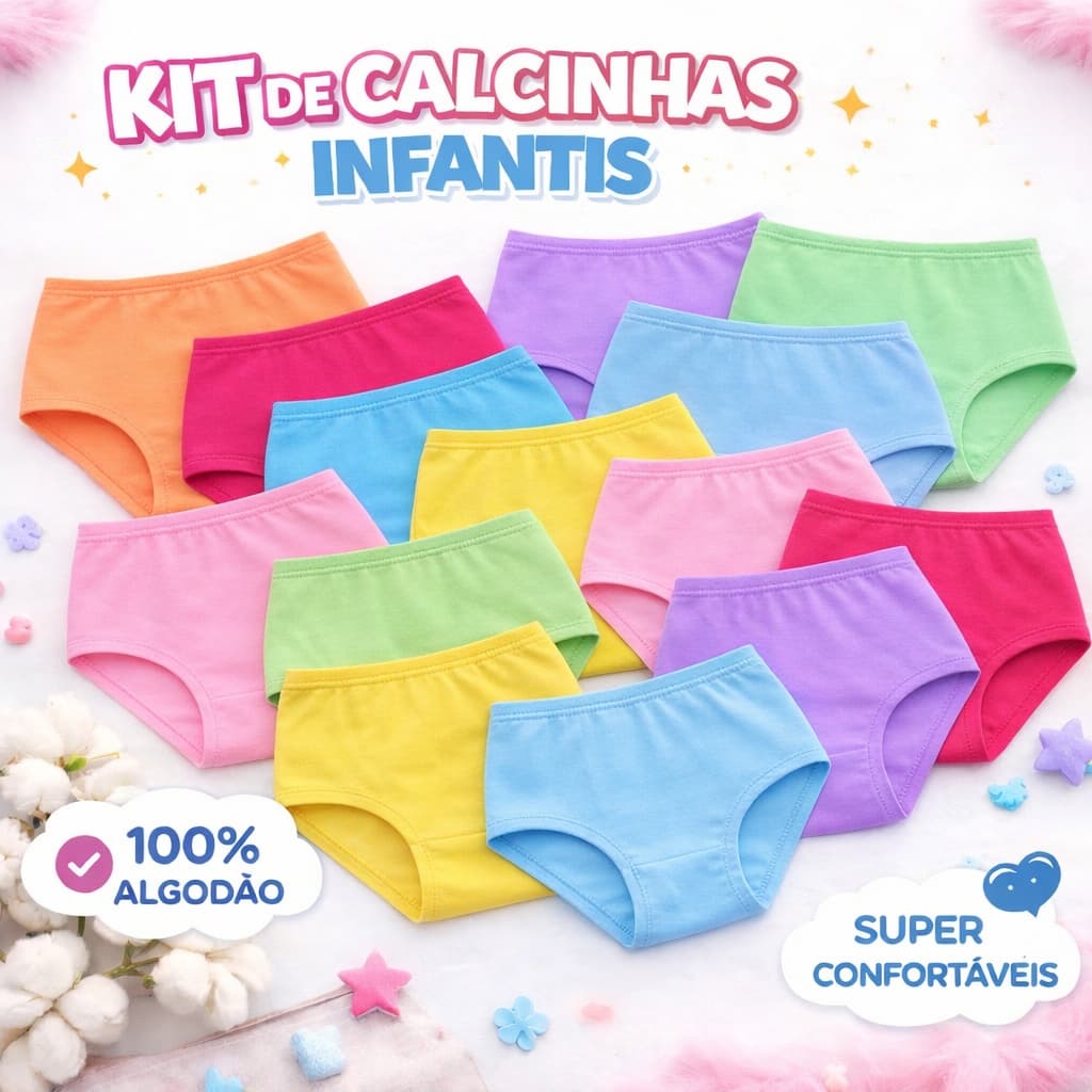 Kit com 12 Calcinhas Lisas Infantis 100% Algodão para Meninas