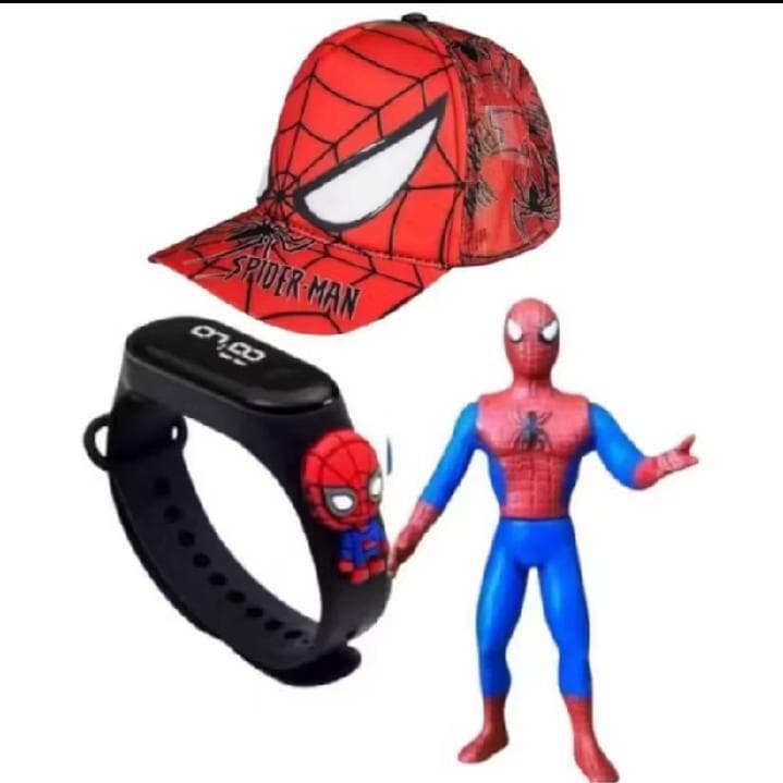 Kit Homem-Aranha Completo 3 em 1 – Boneco + Boné + Relógio Infantil | Presente Perfeito 🕷️🔥