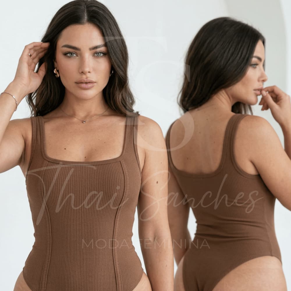 Body Feminino Regata Canelado Decote Quadrado Ajustado ao Corpo Estilo Blogueira