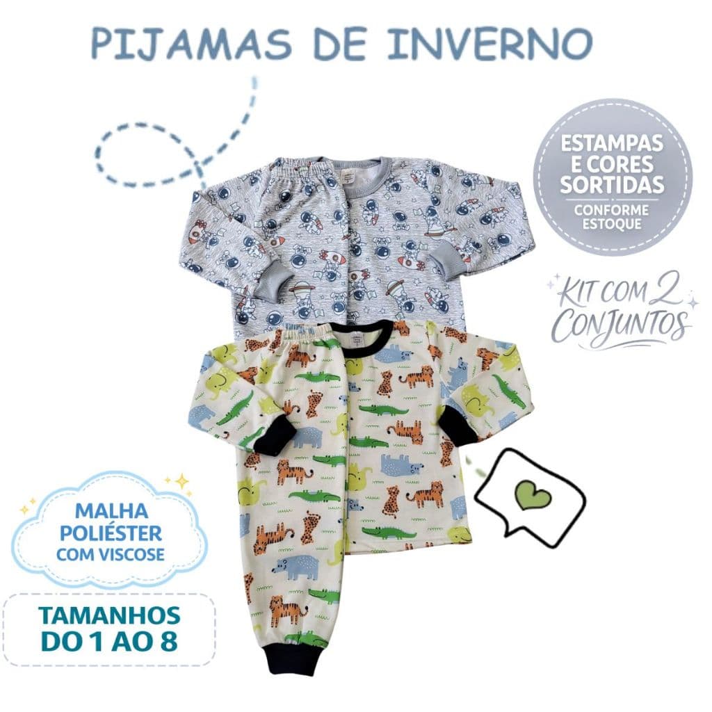 Kit 2 Conjuntos Pijamas Infantil Quentinho Peluciado Flanelado Menino Inverno Frio 1 ao 8