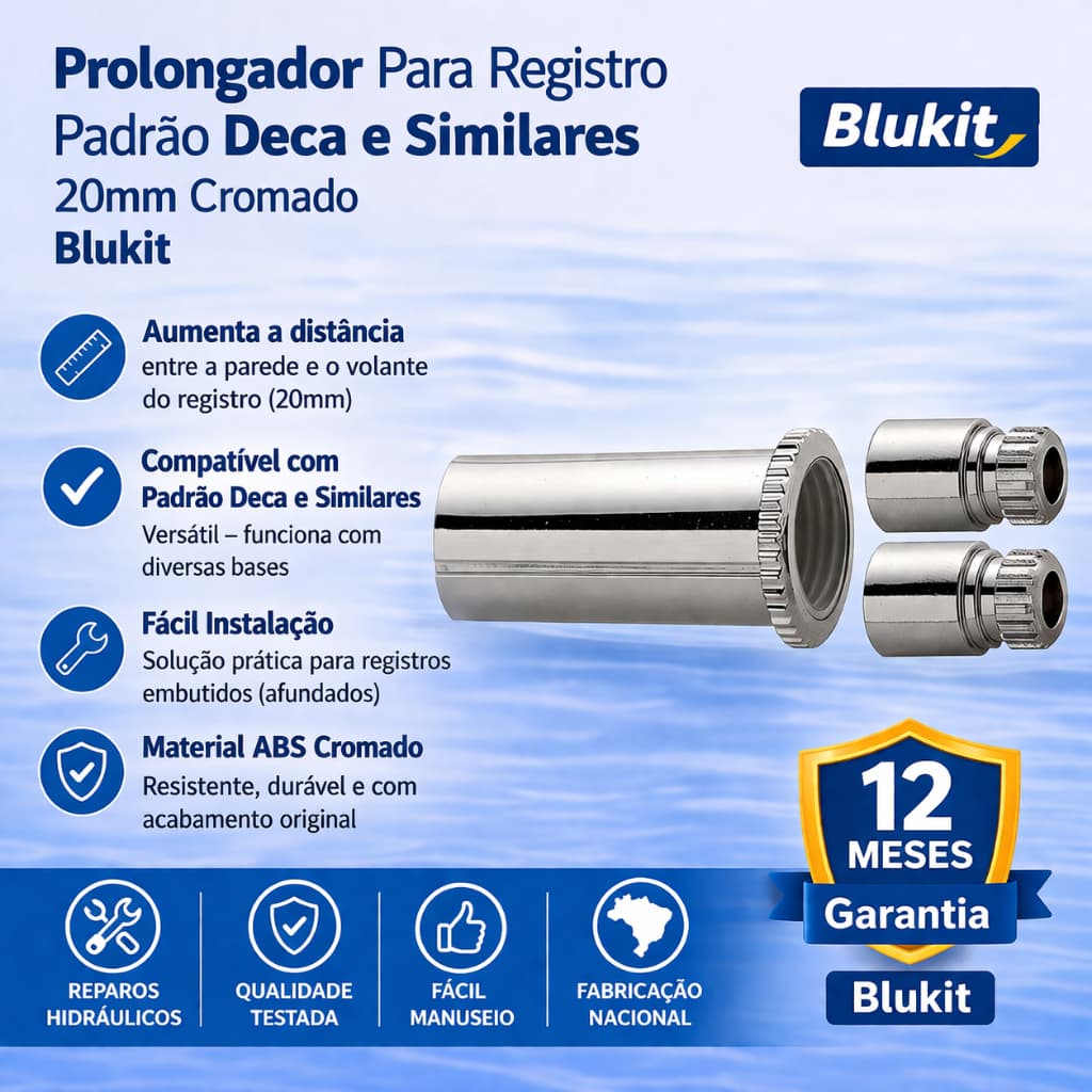 Prolongador Para Registro Padrão Deca e Similares 20mm Cromado Blukit Cromado