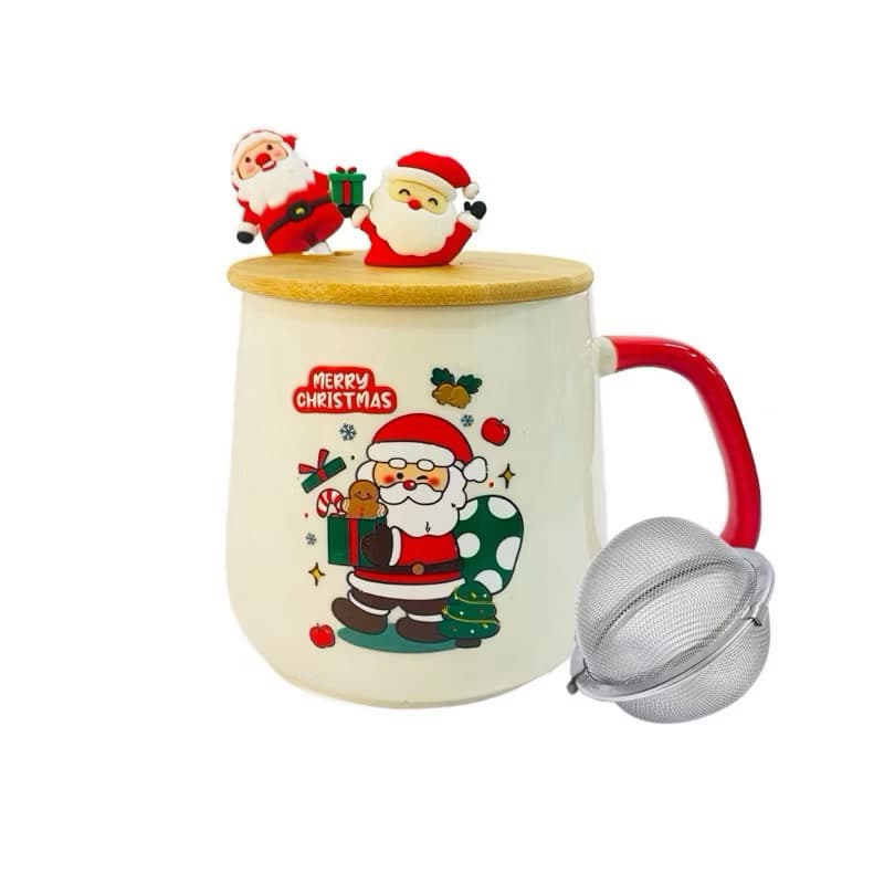 Kit Caneca porcelana Natal Papai Noel com tampa
