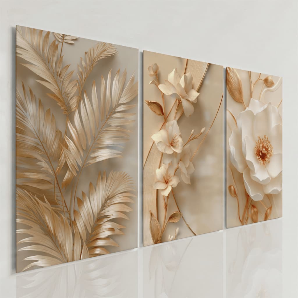 Quadros Decorativos Folhagens Douradas Florais Bege Luxo Kit 3 Peças Sala Moderna Premium