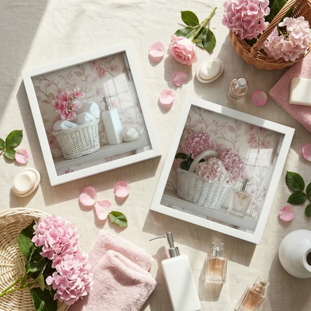 Kit 2 quadros 18x18 cm, banheiro, lavabo, flores rosinha