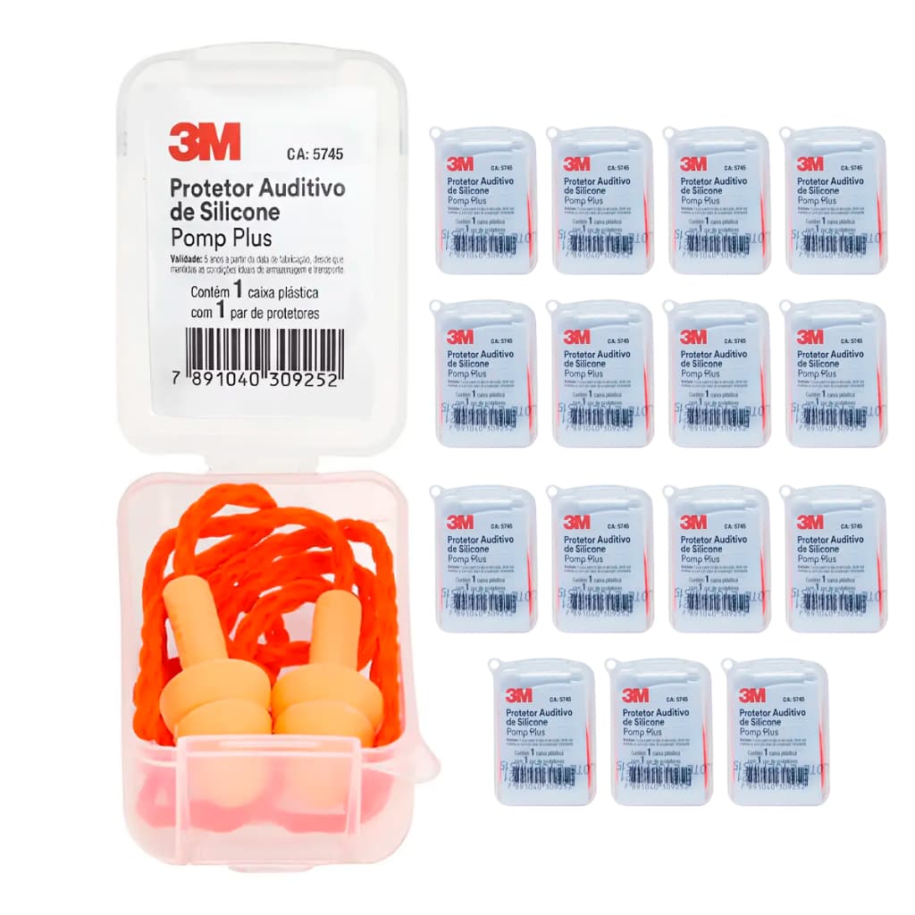 Kit 15 Protetor Auricular Auditivo Plug Silicone Pomp Plus 3M Com Cordão Para Ouvido 19DB Esportivo
